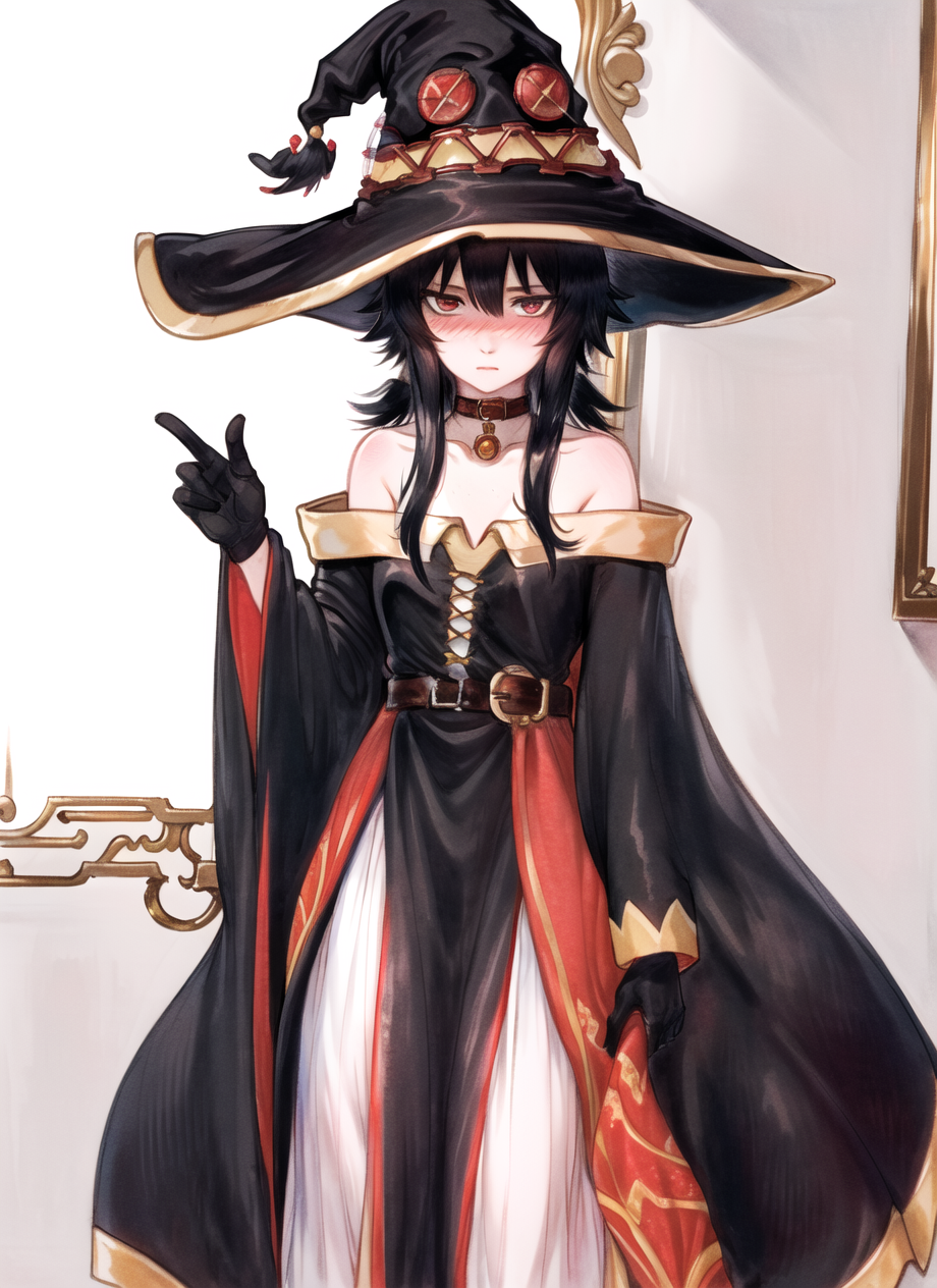 3978522600-1542915730-amano yoshitaka,_megumin, 1girl, bare shoulders, black cape, black gloves, black hair, blush, cape, choker, collarbone, dress, h.png